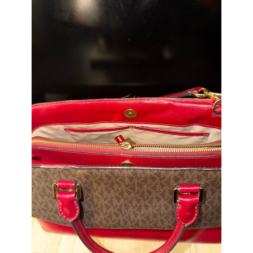 Michael Kors Handbag Tote Brown‎ Signature Red Leather Convertible Strap - Picture 8 of 9